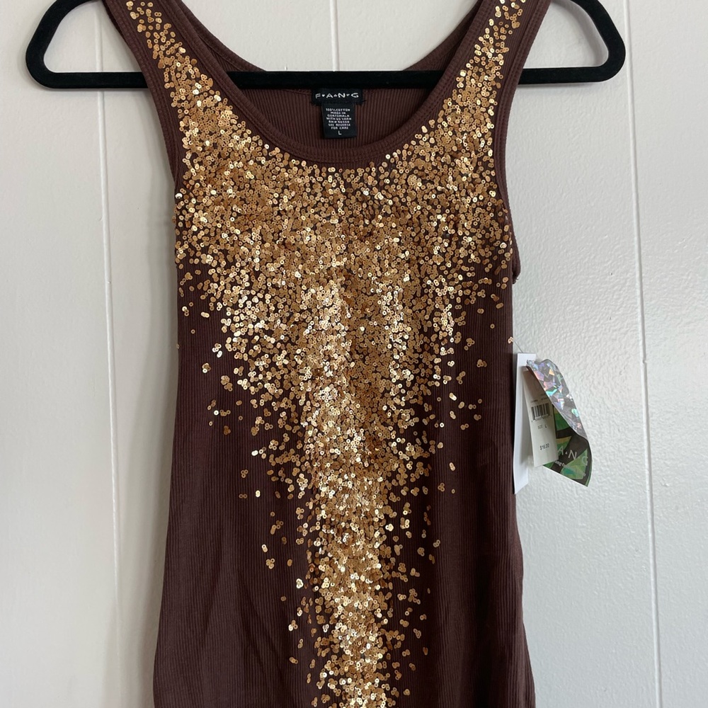 Brown tank shirt with gold sequence size large .